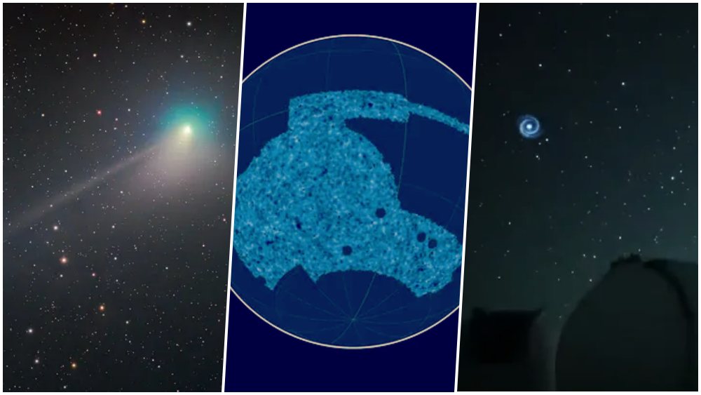 O céu não é o limite! | Cometa verde, mapa do universo, espiral no céu e+