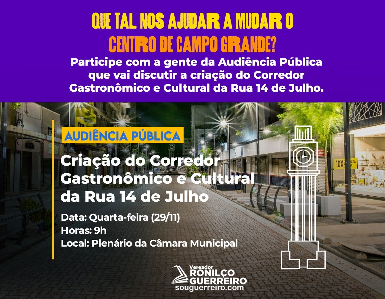 Audiência Pública convocada por Ronilço Guerreiro vai discutir Corredor Gastronômico, Turístico e Cultural da 14 de Julho